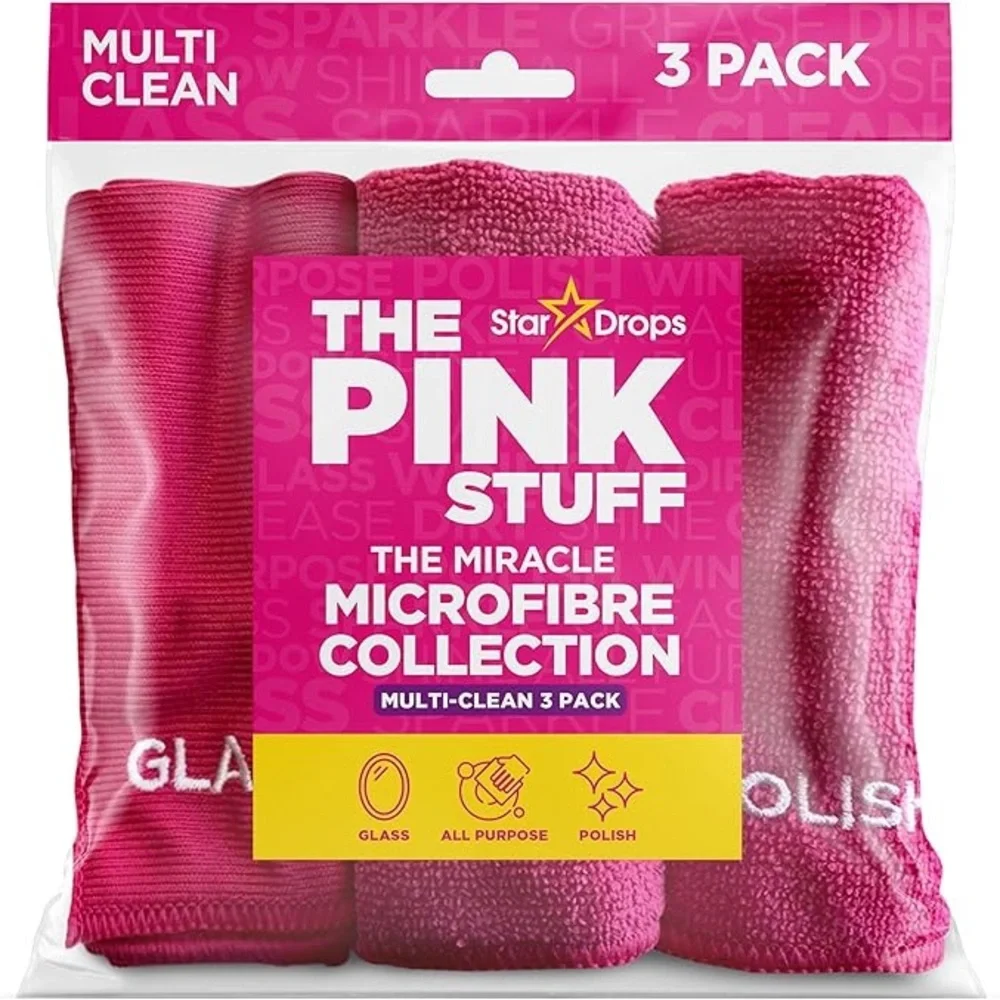 PINK STUFF 3 VIBRANT PINK MICROFIBRE CLOTHS -ALL PURPOSE/GLASS/POLISH - Picture 6 of 6